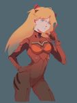  1girl absurdres arm_up bangs blue_eyes blush bodysuit breasts closed_mouth collar gloves grey_background hair_ornament hairclip hand_on_hip highres liaolyi long_hair looking_at_another looking_at_viewer neon_genesis_evangelion orange_hair pilot_suit plugsuit red_bodysuit simple_background small_breasts smile solo souryuu_asuka_langley standing turtleneck two_side_up 