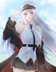  1girl azur_lane belt black_belt black_coat black_neckwear breasts clouds coat cowboy_shot enterprise_(azur_lane) grey_hair hat highres large_breasts long_hair military_hat open_clothes open_coat peaked_cap shirt sky sleeveless sleeveless_shirt smile tayanotyou69 underbust violet_eyes white_headwear 