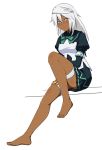  1girl barefoot blush breasts closed_mouth dark_skin feet guilty_gear guilty_gear_xrd krs_(karasu) long_hair looking_at_viewer ramlethal_valentine simple_background skirt solo white_background white_hair yellow_eyes 