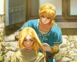  1boy 1girl absurdres blonde_hair blue_eyes blue_shirt cutting_hair furrowed_eyebrows highres link long_hair looking_at_another looking_to_the_side nuavic pointy_ears princess_zelda scissors shirt shutter smile sweatdrop the_legend_of_zelda the_legend_of_zelda:_breath_of_the_wild wall window 
