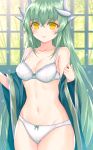  1girl :d absurdres bamboo blush bra breasts collarbone fate/grand_order fate_(series) green_hair highres japanese_clothes kimono kiyohime_(fate/grand_order) long_hair morizono_shiki navel open_clothes open_kimono open_mouth panties smile solo underwear undressing very_long_hair white_bra white_panties window yellow_eyes 