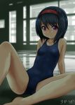  1girl bangs bare_arms bare_legs bare_shoulders barefoot black_hair blue_swimsuit blurry blurry_background breasts closed_mouth collarbone commentary_request day depth_of_field eyebrows_visible_through_hair hair_between_eyes hairband highres indoors long_hair looking_at_viewer one-piece_swimsuit original red_hairband reflection rohitsuka school_swimsuit signature small_breasts solo swimsuit violet_eyes window 