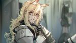  2girls alternate_hairstyle animal_ear_fluff animal_ears arknights armor bangs blonde_hair blurry blurry_background breastplate chromatic_aberration commentary eyebrows_visible_through_hair grin hair_between_eyes hair_down indoors long_hair looking_at_viewer multiple_girls nearl_(arknights) pauldrons ryuuzaki_ichi sketch smile upper_body yellow_eyes 