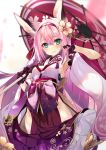  1girl animal_ears arm_up armpits azur_lane bare_shoulders black_gloves blurry breasts cherry_blossoms cowboy_shot detached_sleeves fox_ears gloves gold_trim green_eyes groin hair_ornament hairband hanazuki_(azur_lane) hip_vent holding holding_umbrella long_hair looking_at_viewer medium_breasts nontraditional_miko obi oriental_umbrella petals pink_hair sash shirokitsune smile solo umbrella very_long_hair wide_sleeves 