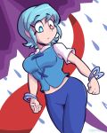  1girl alternate_costume aqua_hair artist_name bangle blue_eyes blue_pants bracelet breasts clenched_hands cowboy_shot eyebrows_visible_through_hair from_below heterochromia jewelry medium_breasts midriff pants quariumarts red_eyes short_hair short_sleeves solo tatara_kogasa touhou 