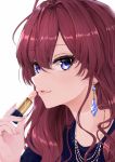  1girl :3 ahoge bangs blue_eyes blush breasts brown_hair commentary_request earrings eyebrows_visible_through_hair hair_between_eyes highres ichinose_shiki idolmaster idolmaster_cinderella_girls jewelry lamp_p9 lipstick lipstick_tube long_hair looking_at_viewer makeup parted_lips pink_nails simple_background smile solo upper_body wavy_hair white_background 