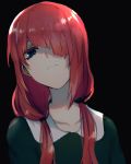  1girl black_background blue_eyes buttoniris closed_mouth commentary disgust dress english_commentary green_dress hair_tie highres long_hair looking_at_viewer low_twintails original red-haired_girl_(buttoniris) redhead simple_background solo twintails 