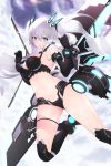  1girl black_heart black_legwear blue_eyes breasts cait choujigen_game_neptune flying glowing highres huge_weapon long_hair looking_at_viewer medium_breasts navel neptune_(series) silver_hair solo stomach thigh-highs thigh_strap very_long_hair weapon 