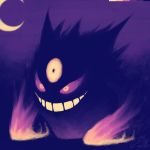  amphibizzy commentary creature crescent_moon dark english_commentary evil_grin evil_smile gen_1_pokemon gengar grin mega_gengar mega_pokemon moon night night_sky no_humans outdoors pokemon pokemon_(creature) purple_theme signature sky smile third_eye violet_eyes 