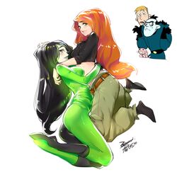  breasts closed_mouth ejami graphite_(medium) kim_possible kimberly_ann_possible long_hair looking_at_viewer multiple_boys multiple_girls shego simple_background traditional_media white_background 