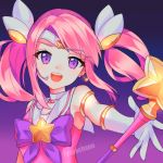  1girl :d absurdres bow bowtie breasts choker circlet earrings elbow_gloves gloves headgear highres jewelry league_of_legends long_hair looking_at_viewer luxanna_crownguard magical_girl open_hand open_mouth pink_hair pink_theme purple_bow ribbon small_breasts smile solo staff star star_earrings star_guardian_(league_of_legends) star_guardian_lux tiara twintails upper_body violet_eyes yaya_chan 
