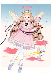  1girl bangs bell bird brown_hair closed_eyes clouds dove dress flower full_body halo holding holding_bell l_hakase long_hair open_mouth original pink_dress pink_flower puffy_short_sleeves puffy_sleeves ribbon short_sleeves smile solo twitter_username white_flower wings 