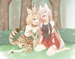  2girls animal_ear_fluff animal_ears bangs barefoot belt black_belt black_shirt blonde_hair blurry blurry_background chiya_(urara_meirochou) closed_eyes clothes_around_waist commentary crossover day depth_of_field eyebrows_visible_through_hair fang giorgio_claes grass high-waist_skirt highres hug kemono_friends leaning_on_person looking_at_another miniskirt motion_lines multiple_girls one_eye_closed orange_eyes outdoors print_legwear print_neckwear print_skirt red_skirt serval_(kemono_friends) serval_ears serval_print serval_tail shirt shoes short_hair silver_hair sitting skin_fang skirt sleeping sleeveless sleeveless_shirt strap_slip striped_tail suspender_skirt suspenders tail tank_top urara_meirochou white_footwear white_shirt yellow_legwear yellow_neckwear yellow_skirt 
