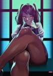  1girl black_hair cigarette commentary_request copyright_name crossed_legs highres jill_stingray legs long_hair pantyhose red_eyes signature sitting skirt smoking solo steve_chopz textless thick_thighs thighs twintails va-11_hall-a 