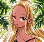  1girl artist_name blonde_hair branch collarbone commentary leaf long_hair looking_at_viewer off_shoulder open_mouth original signature solo sugano_manami sunlight tan teeth yellow_eyes 