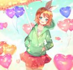  1girl absurdres balloon bangs blonde_hair blue_eyes blue_sky blush bow collarbone cowboy_shot drawstring green_hoodie hair_bow hair_ornament hairband hairclip half-closed_eyes hands_in_pockets heart_balloon highres hood hoodie huge_filesize kagamine_rin looking_at_viewer melancholic_(vocaloid) miniskirt open_mouth red_skirt shirt short_hair skirt sky smile solo standing swept_bangs umbrella vocaloid white_bow white_shirt yuduki zipper 