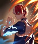  1boy absurdres blue_eyes blue_jacket boku_no_hero_academia burn_scar closed_mouth eyebrows_visible_through_hair fire from_behind hand_up highres ice jacket looking_to_the_side male_focus multicolored_hair redhead scar serious short_hair simple_background solo standing todoroki_shouto two-tone_hair upper_body white_hair yaya_chan 