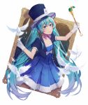  1girl ace_of_spades aqua_eyes aqua_hair bird blue_dress blue_headwear blue_jacket bow bowtie card collarbone dove dress feathers gloves hat hatsune_miku holding holding_wand jacket magical_mirai_(vocaloid) painting_(object) playing_card solo star striped top_hat twintails upper_body vertical_stripes vocaloid wand wenz white_background white_gloves 