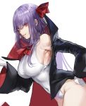  1girl armpits bare_shoulders bb_(fate)_(all) bb_(swimsuit_mooncancer)_(fate) black_coat breasts coat covered_navel cowboy_shot fate/grand_order fate_(series) gloves grin hair_ribbon high_collar highres large_breasts long_hair long_sleeves looking_at_viewer nakeuna neck_ribbon off_shoulder one-piece_swimsuit open_clothes open_coat purple_hair red_eyes ribbon sidelocks simple_background smile solo swimsuit thighs white_background white_gloves white_swimsuit wide_sleeves 
