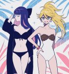  blonde_hair blue_eyes breasts earrings jewelry kisaragi_yuu_(fallen_sky) long_hair looking_at_viewer multiple_girls nail_polish panty_&amp;_stocking_with_garterbelt panty_(psg) smile stocking_(psg) swimsuit 