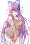  1girl absurdres animal_ears azur_lane bare_shoulders blue_eyes blush earmuffs fake_animal_ears highres long_hair looking_at_viewer off_shoulder open_mouth purple_hair ribbed_sweater saku_(kudrove) single_legging sleeves_past_wrists smile solo sweater tashkent_(azur_lane) very_long_hair 