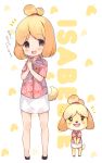  1girl absurdres animal animal_crossing animal_crossing_new_horizons animal_ears atsumare:_doubutsu_no_mori black_footwear blonde_hair blush blush_stickers brown_eyes character_name commentary_request cute dog_ears dog_girl dog_tail doubutsu_no_mori full_body furry gijinka hands_together highres human humanization isabelle_(animal_crosing) nintendo nintendo_ead open_mouth personification print_shirt red_shirt senmen_kinuko shirt shizue_(doubutsu_no_mori) shoes short_hair skirt smile solo tail topknot translation_request v_arms white_skirt 