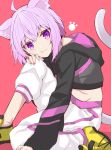  1girl :t ahoge animal_ear_fluff animal_ears black_hoodie cat_ears cat_tail closed_mouth eyebrows_visible_through_hair eyelashes full_body hair_between_eyes hand_on_own_knee highres hololive knee_to_chest kokechan lavender_hair long_sleeves looking_at_viewer midriff nekomata_okayu pants paw_print shoes short_hair sitting solo sweatpants tail violet_eyes virtual_youtuber white_pants yellow_footwear 