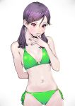  1girl arm_behind_back bare_shoulders bikini breasts cowboy_shot green_bikini hair_over_shoulder hand_up highres long_hair looking_at_viewer low_twintails medium_breasts navel original peco_(pockleberry) purple_hair red_eyes side-tie_bikini simple_background smile solo stomach swimsuit twintails white_background 