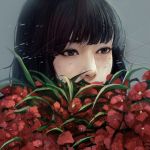  1girl asian black_eyes black_hair face flower flower_request highres lips looking_at_viewer nose original plant realistic red_flower solo wataboku 