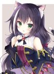  1girl animal_ear_fluff animal_ears bare_shoulders black_dress black_hair black_neckwear brooch cat_ears cat_girl cat_tail detached_sleeves dress gold_trim green_eyes hand_up jewelry kyaru_(princess_connect) long_hair looking_at_viewer multicolored_hair neck_ribbon parted_lips picpicgram princess_connect! princess_connect!_re:dive ribbon solo streaked_hair tail upper_body v-shaped_eyebrows very_long_hair 