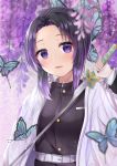  1girl absurdres black_hair black_jacket blurry blurry_background blush bug butterfly butterfly_hair_ornament flower gradient_hair hair_intakes hair_ornament haori highres holding holding_sword holding_weapon insect jacket japanese_clothes kimetsu_no_yaiba kochou_shinobu long_sleeves looking_at_viewer military military_jacket military_uniform multicolored_hair open_mouth purple_flower purple_hair shiny shiny_hair short_hair_with_long_locks sidelocks solo sword umineco_1 uniform upper_body violet_eyes weapon wisteria 