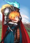 1girl armor belt blue_eyes blue_fire cape commentary_request demi-chan_wa_kataritai disembodied_head dullahan eringi25 fantasy fire fur_trim grasslands headless highres holding_head knight kombucha-fabric machi_kyouko mountain orange_hair plate_armor rain-like-flame sheath sheathed short_hair shoulder_armor smile solo sword vambraces very_short_hair weapon