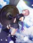  1girl bangs bare_shoulders black_legwear breasts clouds commentary_request elbow_gloves eyebrows_visible_through_hair fate/grand_order fate_(series) gloves hair_over_one_eye highres holding_shield large_breasts looking_at_viewer mash_kyrielight navel outdoors pink_hair purple_gloves purple_hair sasama_keiji shield short_hair sky smile solo thigh-highs violet_eyes 