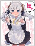  1girl apron bangs black_bow black_dress blush bow claw_pose commentary_request curled_horns dress eyebrows_visible_through_hair fang frilled_apron frills grey_background hair_bow hands_up highres horns ikeuchi_tanuma juliet_sleeves long_hair long_sleeves looking_at_viewer maid maid_apron maid_headdress nose_blush open_mouth original puffy_sleeves silver_hair translation_request twintails two-tone_background v-shaped_eyebrows white_apron white_background yellow_bow 