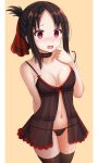  1girl @_@ babydoll bangs bare_arms bare_shoulders black_hair black_legwear black_panties bow bow_panties breasts brown_background censored collarbone commentary eyebrows_visible_through_hair folded_ponytail hair_ribbon hand_up highres kaguya-sama_wa_kokurasetai_~tensai-tachi_no_renai_zunousen~ kazenokaze medium_breasts mosaic_censoring navel open_mouth panties parted_bangs red_eyes red_ribbon ribbon see-through shinomiya_kaguya solo strap_slip thigh-highs underwear underwear_only wavy_mouth 