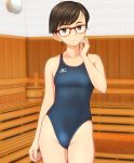  1girl absurdres black_hair black_swimsuit brown_eyes bucket collarbone commentary_request competition_swimsuit contrapposto cowboy_shot flat_chest glasses highres indoors looking_at_viewer one-piece_swimsuit original red-framed_eyewear sauna short_hair solo standing swimsuit takafumi tile_wall tiles wooden_bucket 