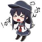  &gt;_&lt; 1girl akatsuki_(kantai_collection) anchor_symbol black_headwear black_legwear black_sailor_collar black_skirt flat_cap full_body hair_between_eyes hat kantai_collection long_hair long_sleeves neckerchief open_mouth outstretched_arms pantyhose pleated_skirt purple_hair red_neckwear sailor_collar school_uniform serafuku shadow simple_background skirt solo taisho_(gumiyuki) white_background 