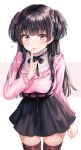  1girl absurdres bangs black_hair black_legwear black_neckwear black_ribbon black_skirt blunt_bangs blush breasts brown_eyes commentary hair_ribbon highres idolmaster idolmaster_shiny_colors large_breasts long_hair long_sleeves looking_at_viewer mayuzumi_fuyuko pink_ribbon pink_shirt ribbon shirt simple_background skirt solo thigh-highs tokkyu tongue tongue_out two_side_up white_background zettai_ryouiki 