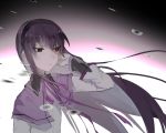 1girl akemi_homura black_hairband buttoniris closed_mouth collared_capelet commentary english_commentary eyebrows_visible_through_hair floating_hair hairband hand_in_hair hand_up jacket long_hair long_sleeves mahou_shoujo_madoka_magica neck_ribbon purple_capelet purple_hair purple_neckwear purple_ribbon ribbon solo violet_eyes white_jacket wing_collar 