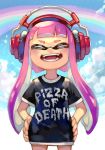  1girl bangs blue_sky blunt_bangs character_request closed_eyes clothes_writing clouds cloudy_sky day hands_on_hips hankuri headphones inkling long_hair open_mouth purple_hair rainbow shirt sky solo splatoon_(series) t-shirt teeth 