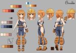  1girl allgreen artist_name ass bangs boots brown_eyes character_sheet construction_worker dutch_girl_(last_origin) full_body gloves grey_background hair_between_eyes hardhat helmet highres last_origin long_hair low_twintails orange_hair overalls simple_background solo twintails 
