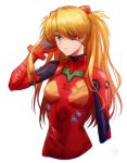  1girl blue_eyes bodysuit breasts closed_mouth evangelion:_3.0_you_can_(not)_redo eyepatch hand_up highres kankitsurui_(house_of_citrus) long_hair looking_at_viewer medium_breasts neon_genesis_evangelion orange_hair plugsuit rebuild_of_evangelion red_bodysuit simple_background solo souryuu_asuka_langley white_background 