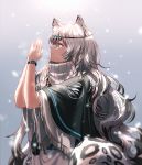  1girl animal_ear_fluff animal_ears arknights bangs black_cape cape commentary dress from_side gradient gradient_background grey_background grey_eyes hands_up head_chain leopard_ears leopard_tail long_hair own_hands_together palms_together pramanix_(arknights) profile silence_girl silver_hair solo tail turtleneck_dress upper_body white_dress wide_sleeves 