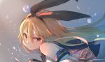  1girl akicosmossakasa anchor_hair_ornament black_hairband blonde_hair blue_sailor_collar commentary_request crop_top gradient gradient_background grey_eyes hair_ornament hairband highres kantai_collection long_hair looking_at_viewer sailor_collar shimakaze_(kantai_collection) solo 