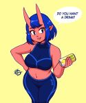  1girl 2020 bare_shoulders blue_bra blue_eyes blue_hair blue_pants blush bra cinna_(taggo) collarbone english_text eyebrows hand_on_hip highres looking_at_viewer navel oni oni_horns original pants parted_lips pointy_ears red_skin short_hair simple_background smile solo speech_bubble sports_bra taggo underwear yellow_background 