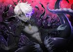  1boy abs barnacle blue_eyes copyright_request grey_skin ink jewelry kaito_(collect_mania) looking_at_viewer monster_boy necklace octopus_boy shell shell_necklace short_hair silver_hair smile solo tentacles underwater 