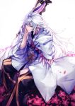  1boy arm_support bow closed_mouth fate/grand_order fate_(series) grey_hair hair_bow highres kyouya_(mukuro238) long_hair long_sleeves looking_at_viewer male_focus merlin_(fate) pants pink_bow purple_pants robe signature sitting smile solo violet_eyes white_background wide_sleeves 