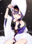  1girl bangs bare_shoulders bob_cut breasts bridal_gauntlets collarbone eyeliner fate/grand_order fate_(series) hand_up headpiece highres hood horns japanese_clothes kimono layered_clothing layered_kimono long_sleeves looking_at_viewer makeup mjsk obi off_shoulder oni oni_horns open_mouth petals purple_hair purple_kimono revealing_clothes sash seiza short_hair shuten_douji_(fate/grand_order) sitting skin-covered_horns small_breasts smile solo thighs uchikake violet_eyes white_kimono wide_sleeves 