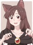  1girl :d animal_ear_fluff animal_ears black_scarf blush border brooch brown_background brown_eyes brown_hair claw_pose embarrassed eyebrows_visible_through_hair fingernails imaizumi_kagerou jewelry long_hair looking_at_viewer nervous_smile open_mouth poronegi red_eyes red_nails scarf smile solo sweatdrop touhou upper_body white_border wolf_ears 