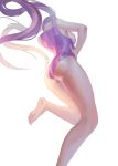  1girl absurdres ass ass_focus barefoot hand_on_hip highres long_hair original purple_hair simple_background solo swimsuit tokkihouse twintails white_background 